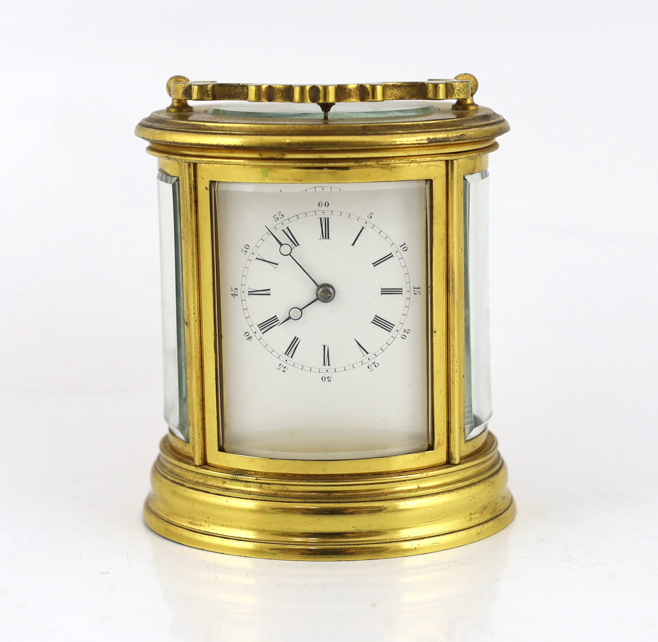 A late 19th century French brass oval cased eight day hour repeating carriage clock, by Henri Marc, 13.5cm high, Please note this lot attracts an additional import tax of 5% on the hammer price